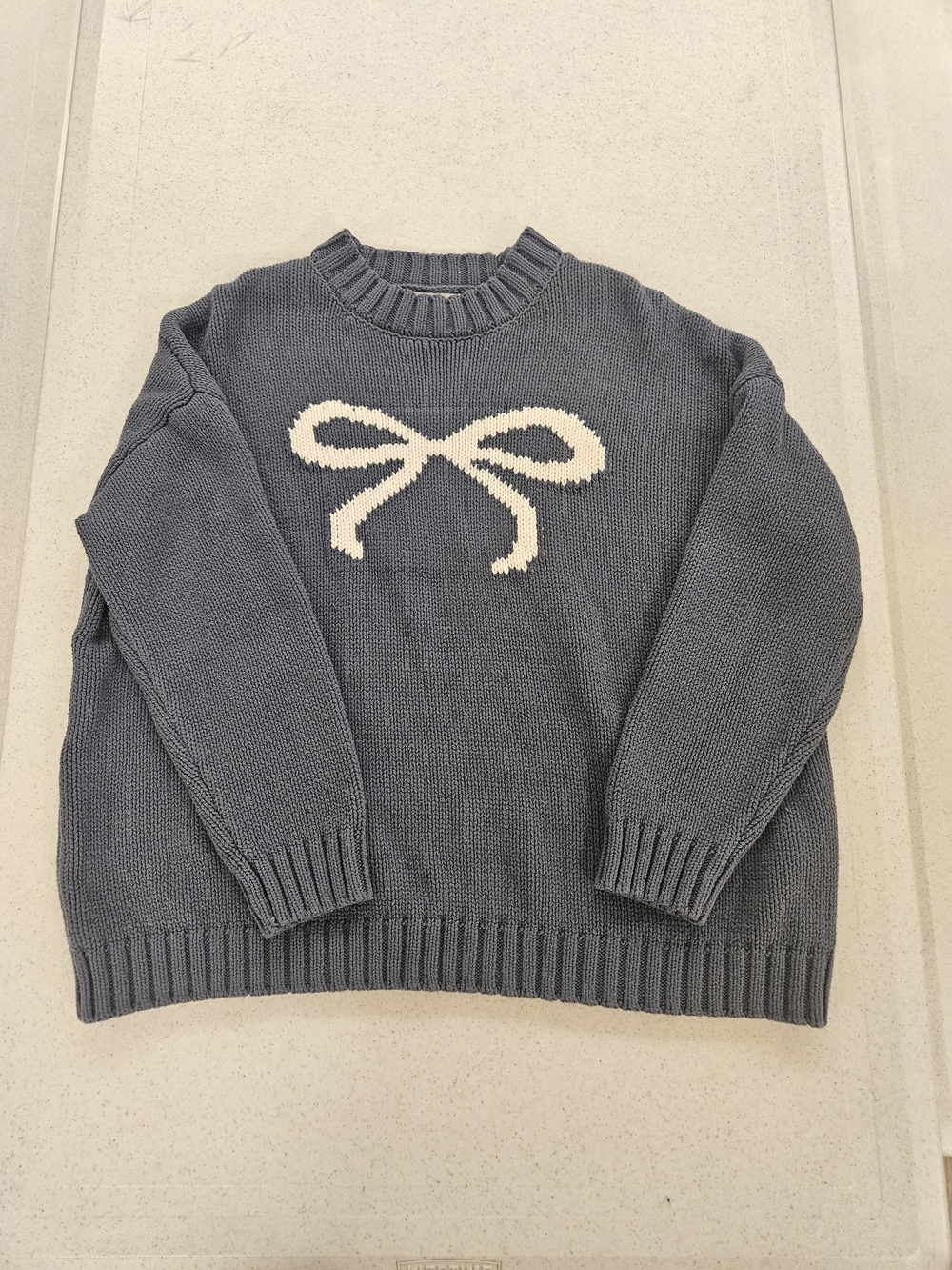 Sincerely Jules Slate Blue Gray Crewneck Sweater with White Bow Sz M